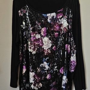 Ava James Sparkly Floral Blouse 2X Black Sequins